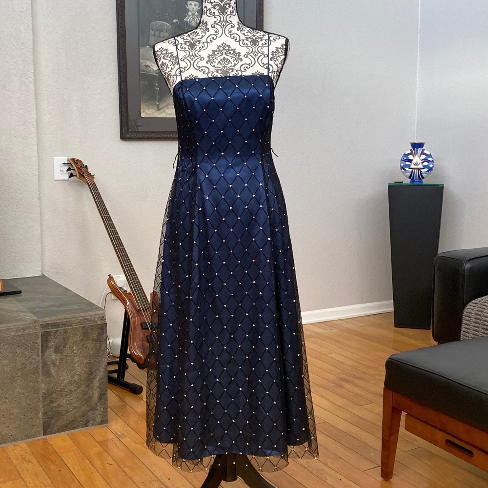 Adrianna Papell Navy Blue Beaded Strapless A-Line Gown